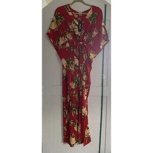 Agnes & Dora Long Red Floral Flowing Woven Kaftan Dress Waist Tie Plus Size XS